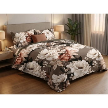 Pościel bawełna satynowa 160x200 brązowe kwiaty z prześcieradłem – elegancki komplet 4cz PK435